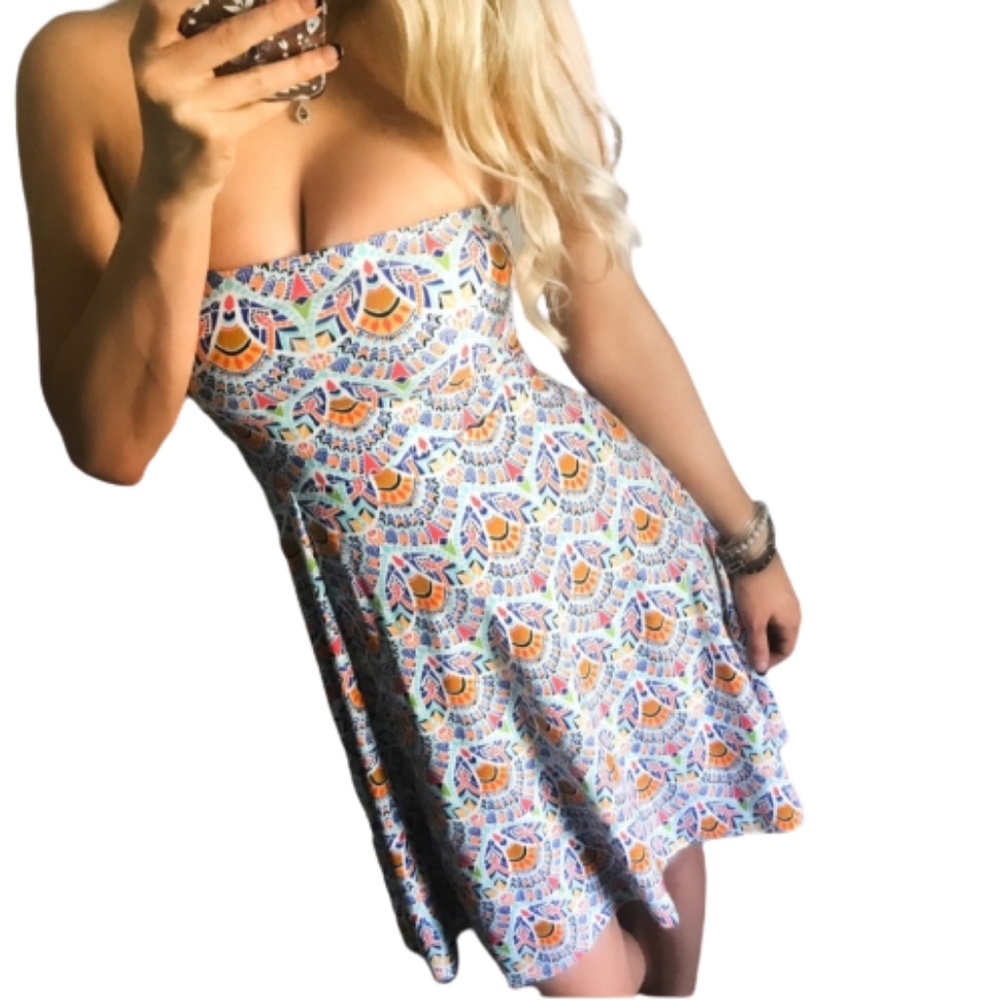 Jean G. Designs Strapless Colorful Geometric Print Dress Small